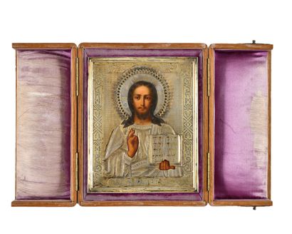 null Icon "Christ Pantocrator

Russia, 19th century

Tempera on wood, oklad in silver...