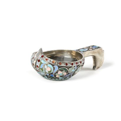  KOVSH by OVTCHINNIKOV 
Silver, cloisonné enamel 
Marks: head of a woman turned left...
