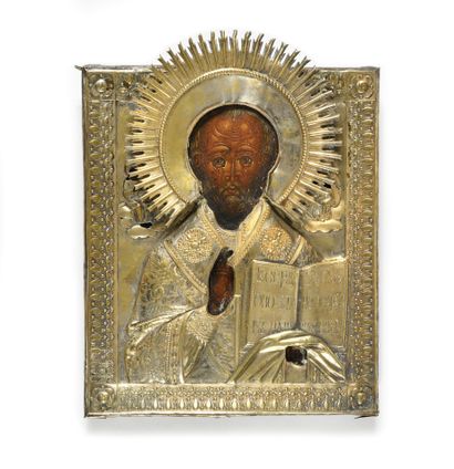 null Icon "Saint Nicholas

Russia, 19th century

Tempera on wood, oklad in vermeil

35...