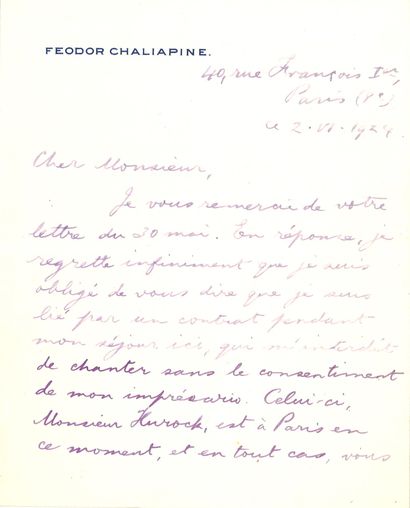 null CHALIAPINE Fédor (1873-1938)

LAS en français, 2/6/1924, Paris, 1 ½ pp., in-12....