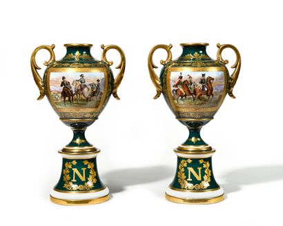 null PAIR OF VASES IN THE NAPOLEONIC STYLE. In green porcelain decorated with gold...