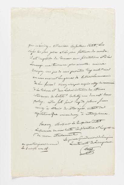null MURAT (Joachim). Lettre signée « Murat », adressée à Michel-Louis-Étienne Regnaud...
