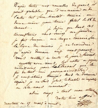null BEAUHARNAIS (Eugène de). Autograph letter signed as viceroy of Italy [probably...