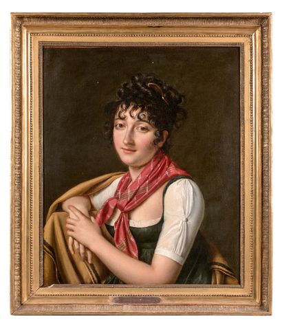 null ATTRIBUE A CESARINE DAVIN (1773 - 1844) Portrait de femme au foulard rouge Toile...