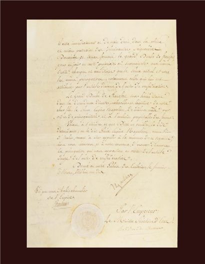 null NAPOLÉON Ier. Pièce signée « Napoleon », contresignée par le ministre secrétaire...