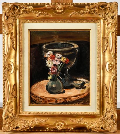 null EMILE-OTHON FRIESZ (1879-1949) Coupe et bouquet d’anémones Huile marouflée sur...