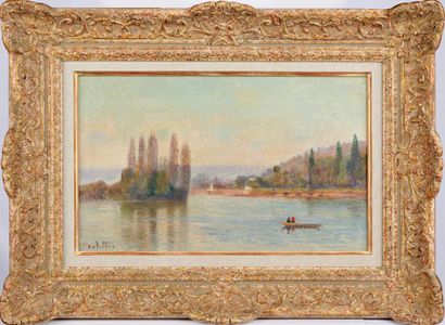 null JOSEPH DELATTRE (1858-1912) Promenade en barque sur la Seine Oil on canvas Signed...