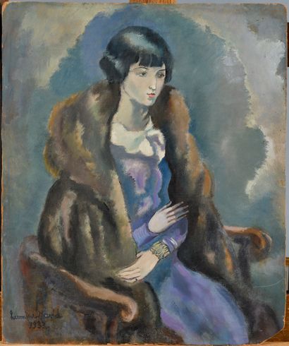 null HERMINE DAVID (1886-1971) Femme en robe bleue à la fourrure Huile sur carton...
