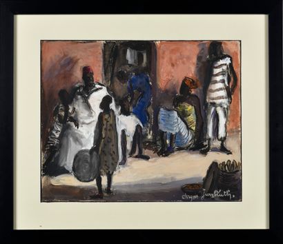 null CHRYSIS JUNGBLUTH (1907-1989) Scène de village en Afrique Gouache sur papier...