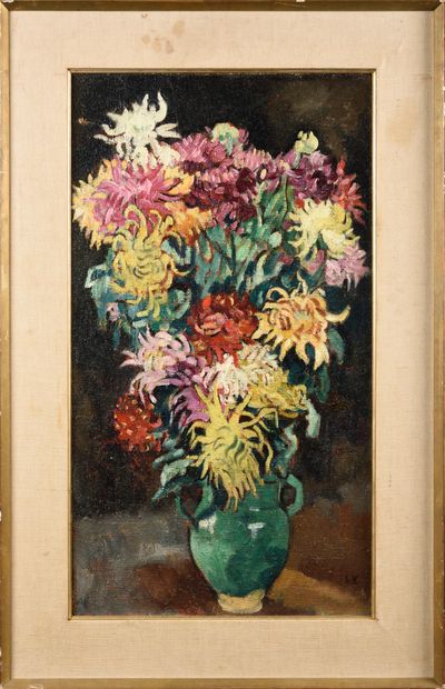 null LOUIS VALTAT (1869-1952) Vase de dahlias, 1924 Huile sur toile Signé en bas...