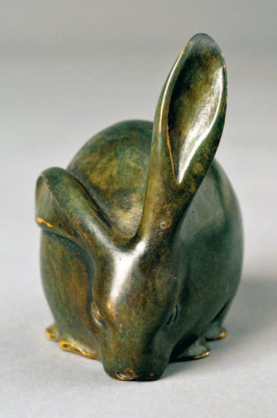 Edouard Marcel SANDOZ (1881-1971) "Lapin, une oreille dressée" Epreuve en bronze...