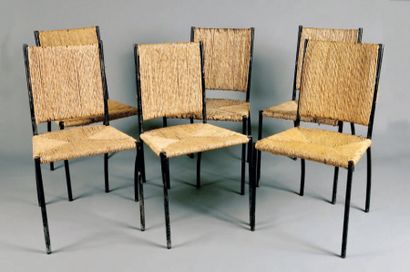 COLETTE GUEDEN (1905) - Circa 1955 Suite de six chaises à assises et dossiers en...