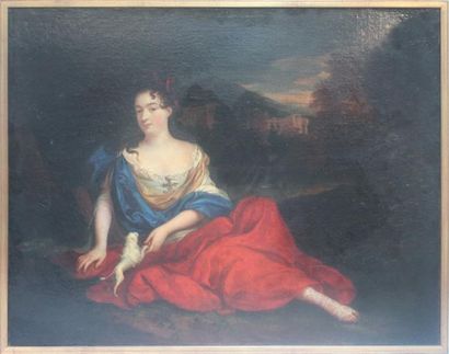 ECOLE FRANCAISE du XVIIIème siècle Femme au chien. Huile sur toile. (Quelques repeints)....