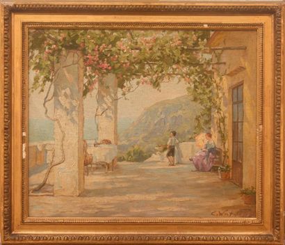 WESTCHILOFF Konstantin Alexandrovich (1877-1945) La terrasse. Huile sur toile signée...