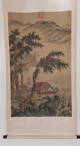 null CHINE 

Rouleau peint sur soie à décor de deux personnages sur une embarcation

Signé...
