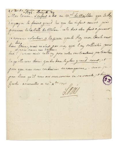 null LOUIS XV.

Autograph letter signed "Louis" to the French ambassador in Madrid,...