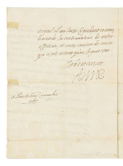  ANNE OF AUSTRIA. 
Autograph letter signed "Anne" to duke Antoine de Gramont. Paris,...