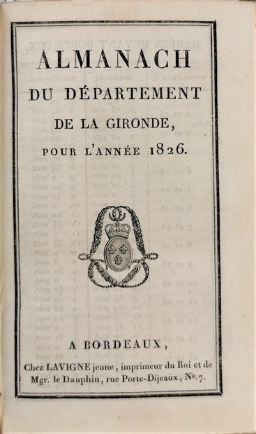 null GIRONDE.

Almanach du département de la Gironde, pour l'année 1826. À Bordeaux,...