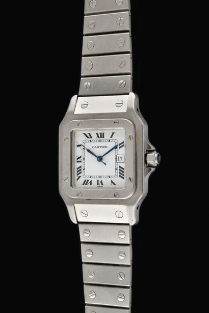 null CARTIER Santos Dumont. About 1990. Steel wristwatch, square case, signed white...