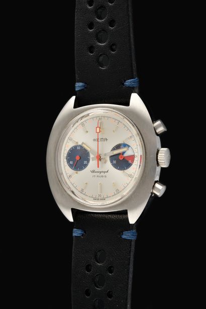 null HEMA Rally Chronograph. Circa 1970. Brushed steel bracelet watch, tonneau case,...