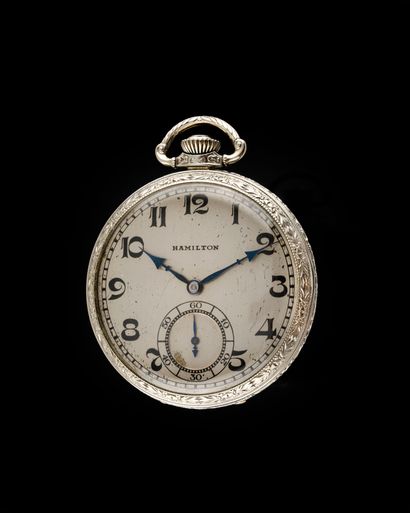  HAMILTON Ref : 0520268. Circa 1929. Pocket watch. Silver dial signed. Painted Arabic...