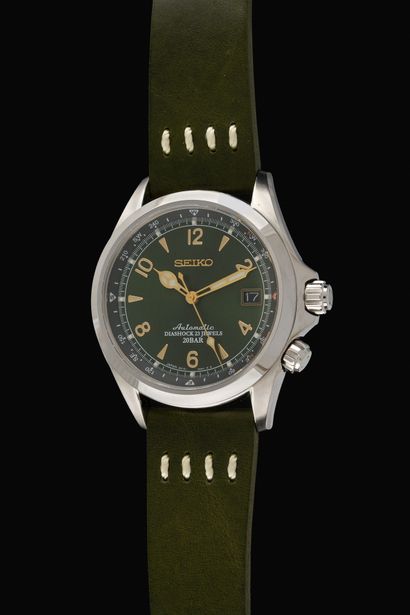 null SEIKO Green Alpin. N°890172 About 2010. Stainless steel wristwatch, round case,...