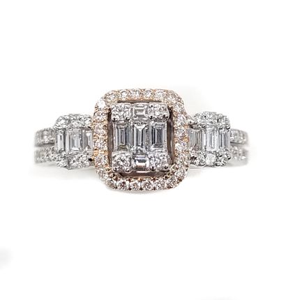 null RING adorned with three lines of alternating baguette and brilliant cut diamonds....