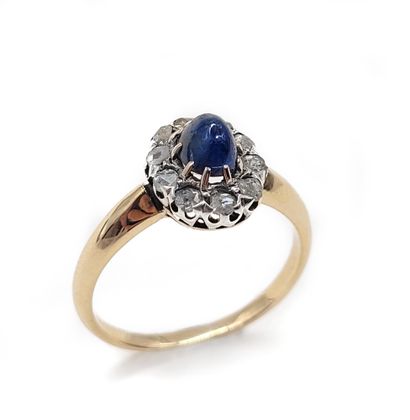 null 
XIXth CENTURY

RING 

decorated with a sapphire cabochon in a frame of rose-cut...