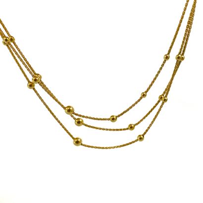 null NECKLACE holding three rows of beads. Mounted in 18K yellow gold. Necklace size...