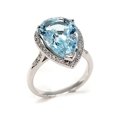 null RING holding a pear-shaped aquamarine of approximately 5 carats in a brilliant-cut...