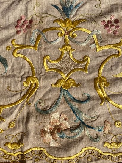null BAND linen embroidered polychrome stitch and majolica point of scrolls and flowers,...
