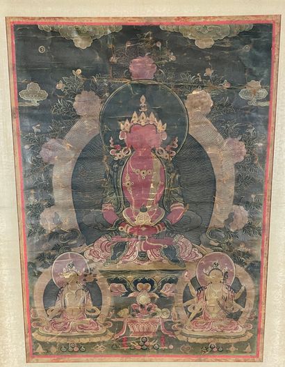 null TIBET Tangka distemper on canvas representing a Buddha in mudra position. 50...