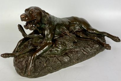 null Emile Louis TRUFFOT (1843 - 1896). Dog guarding a hare. Bronze with brown shaded...