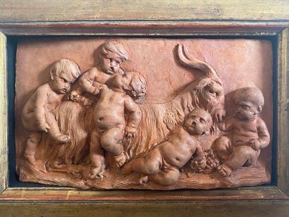 null IN THE LINE OF CLODION Bacchanalia Terracotta bas-relief Gilded wood frame 10.5...