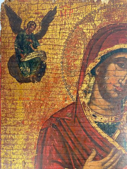  ICONE GRECQUE représentant la vierge à l'enfant en bois polychrome à fond or. XVIIIè...