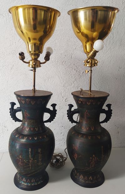 null JAPAN A pair of large vases mounted in lamp of baluster form in cloisonné bronze...
