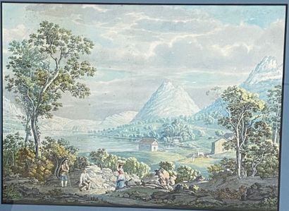 null PAIR OF LARGE AQUARELLES decorated with animated mountain landscapes with shepherds...