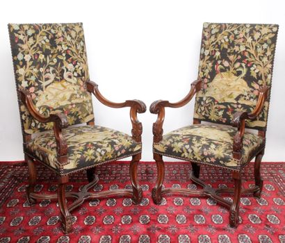 PAIR OF ARMCHAIRS WITH HIGH STRAIGHT BACK...