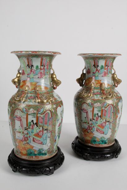  CHINA, CANTON, Late 19th century Pair of porcelain vases and enamels of the pink...
