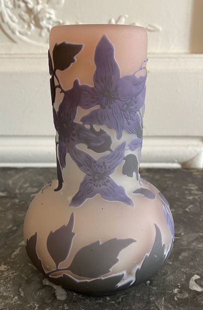 null ETABLISSEMENT GALLE Vase de forme pansue à long col en verre gravé violine dégagé...