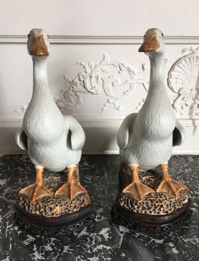 null CHINA Couple of geese in porcelain the body left in white, the legs and the...