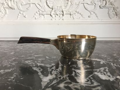 null CASSEROLE OF TABLE in plain silver with moulded contours, the handle in rosewood....