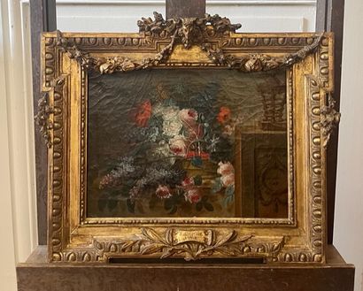 null Pierre LERICHE (vers 1760-1811) Corbeille de fleurs sur un entablement Toile...