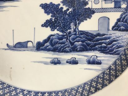 null CHINA Large circular porcelain dish decorated in blue underglaze with a river...
