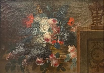null Pierre LERICHE (vers 1760-1811) Corbeille de fleurs sur un entablement Toile...