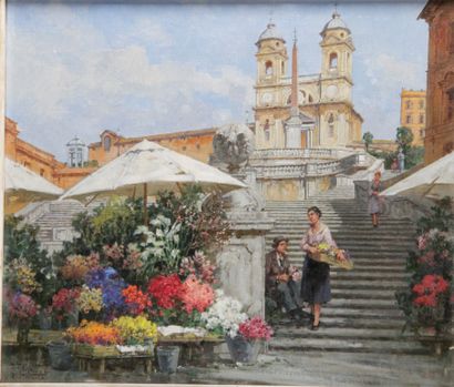 Filippo ANIVITTI (1876-1955) Rome marché aux fleurs devant l'Eglise de la Trinité-des-monts...