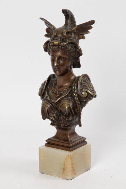  THETIS : a bronze bust with a medallic patina and a shaded brown patina on a rectangular...