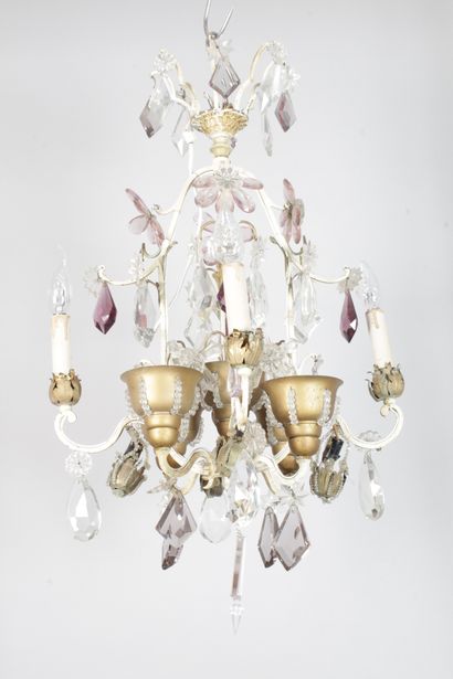 null A gilded and lacquered metal cage chandelier with four arms of light decorated...