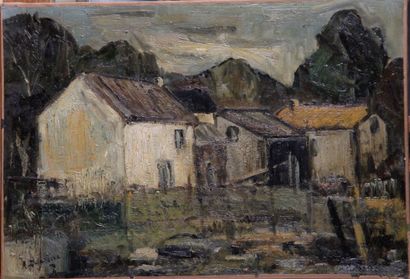  ECOLE FRANCAISE DU XXème siècle « Le hameau » Huile sur toile signée en bas à gauche...