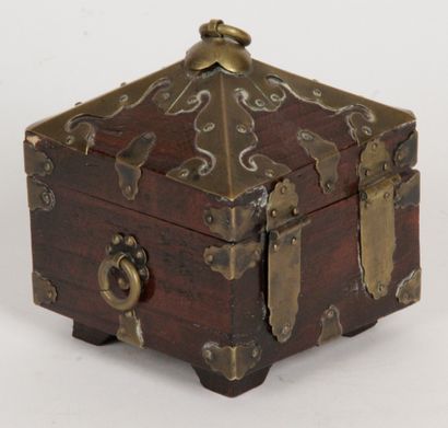  Korea, early-mid 20th century Small square wooden box with a pyramidal lid, enhanced...